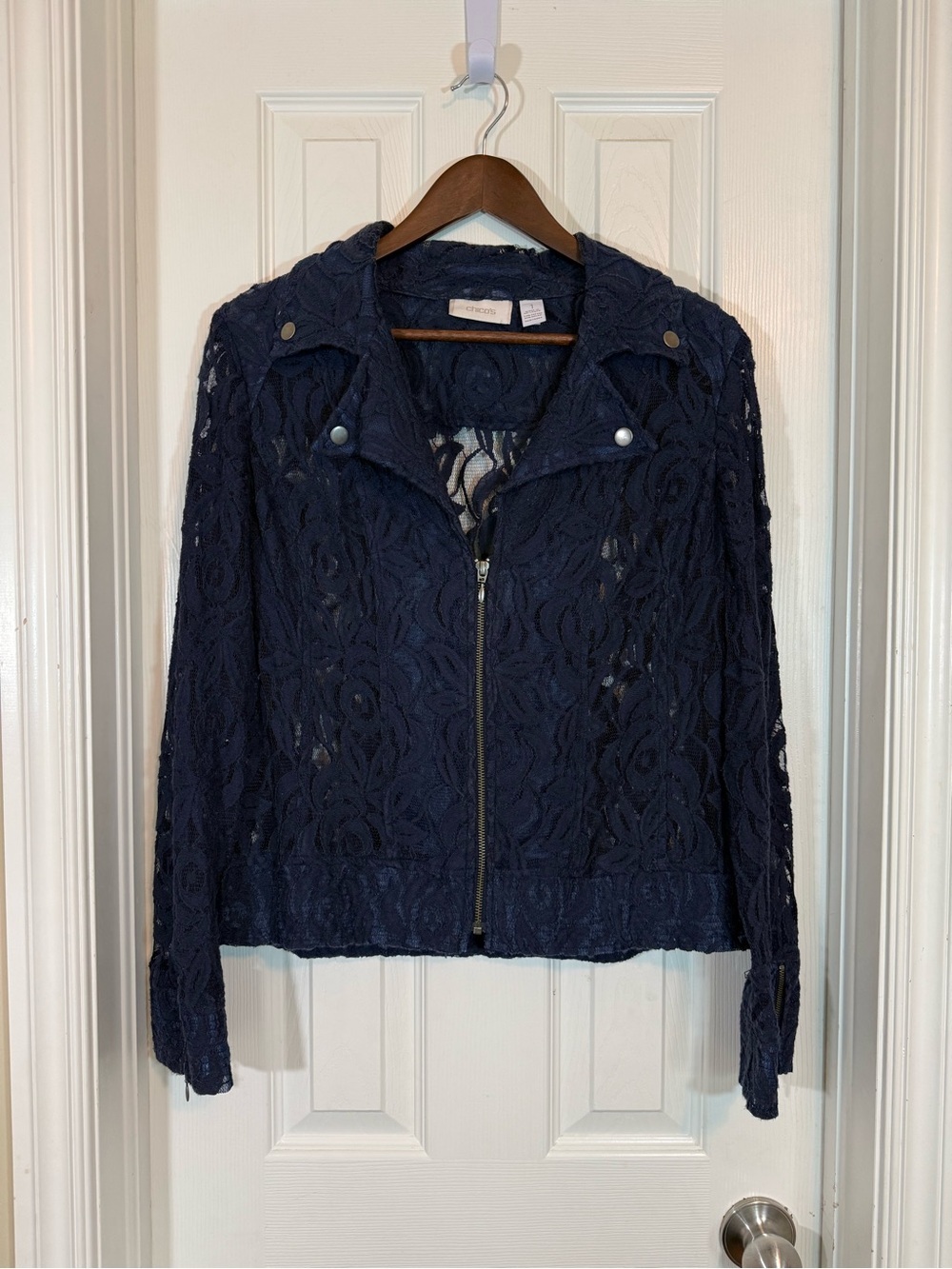 Chico's Navy Blue Floral Lace Moto Jacket Zip Front Size 1